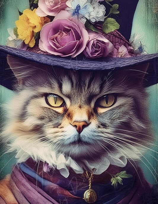 Large Decoupage Paper for Furniture - Cat with Hat - Rice Paper - Decoupage Paper - Floral Portrait