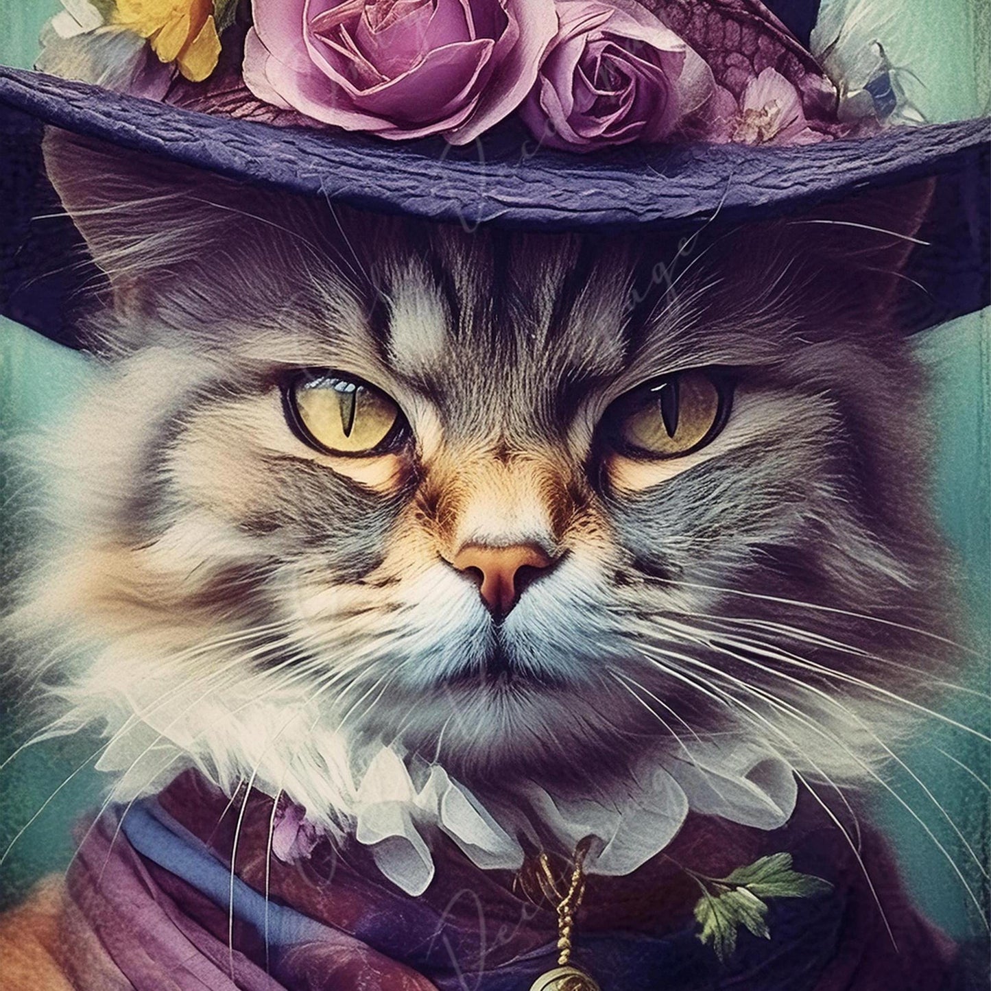 Large Decoupage Paper for Furniture - Cat with Hat - Rice Paper - Decoupage Paper - Floral Portrait