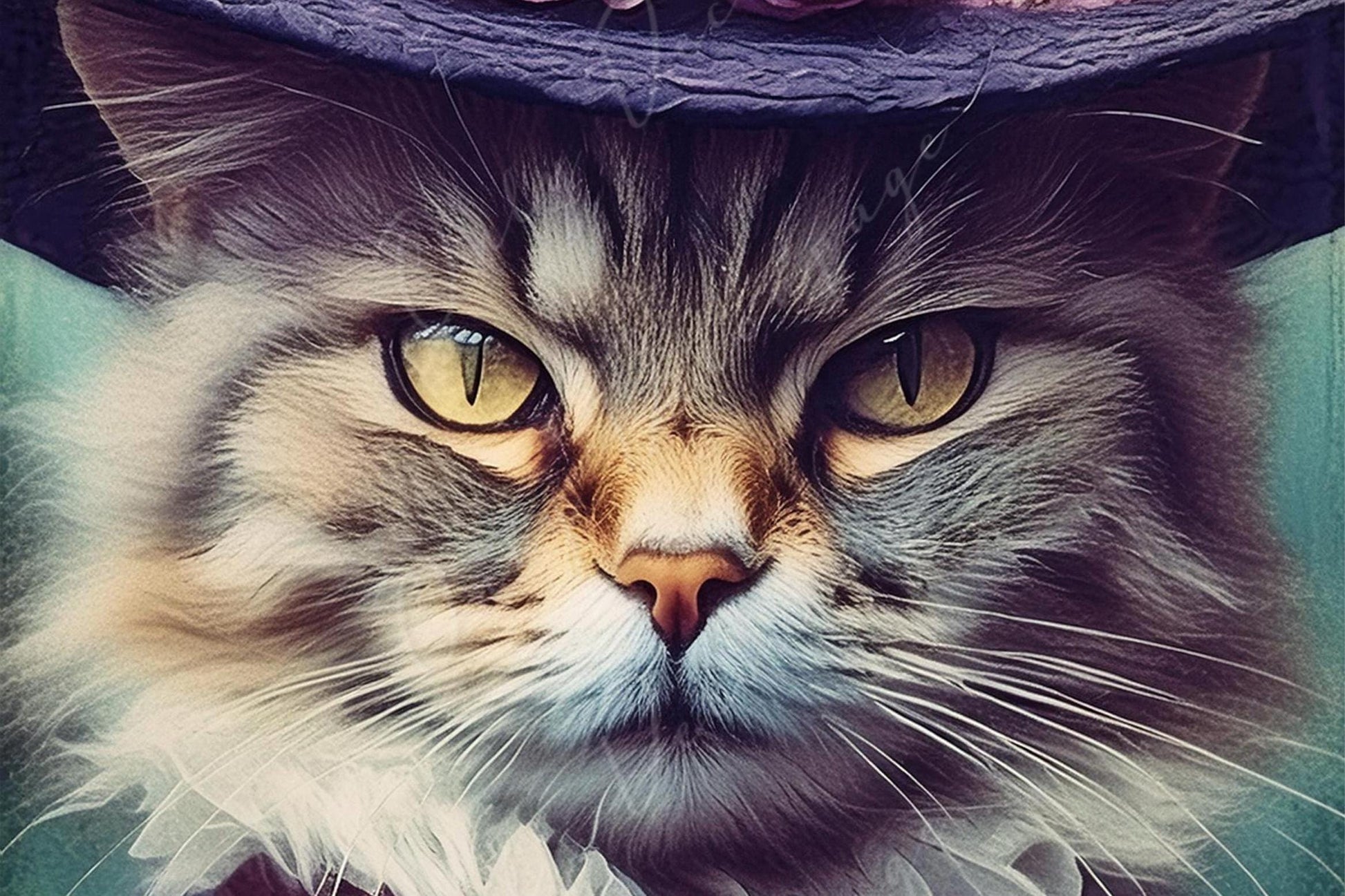 Large Decoupage Paper for Furniture - Cat with Hat - Rice Paper - Decoupage Paper - Floral Portrait