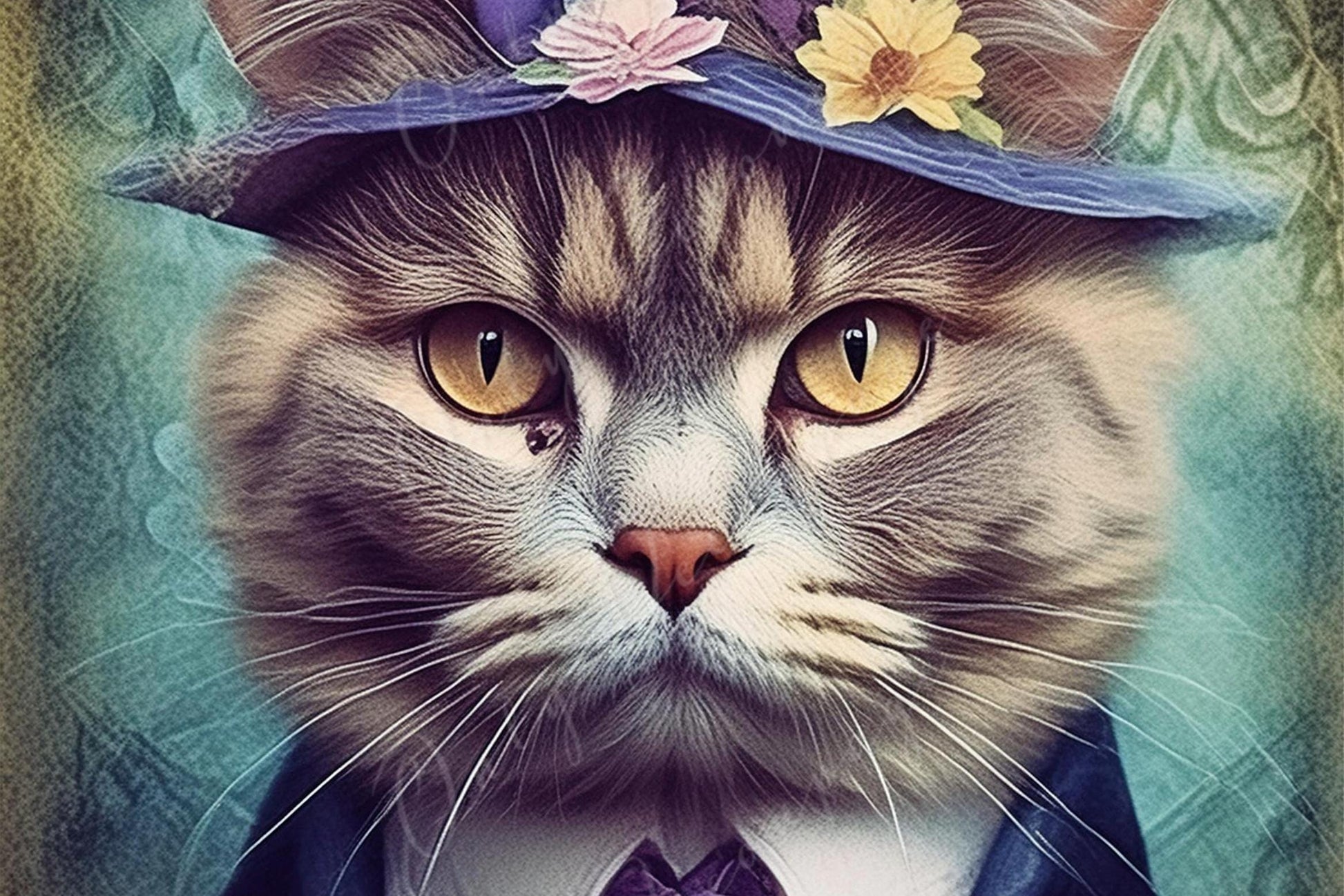 Large Decoupage Paper for Furniture - Cat with Hat - Rice Paper - Decoupage Paper - Floral Portrait