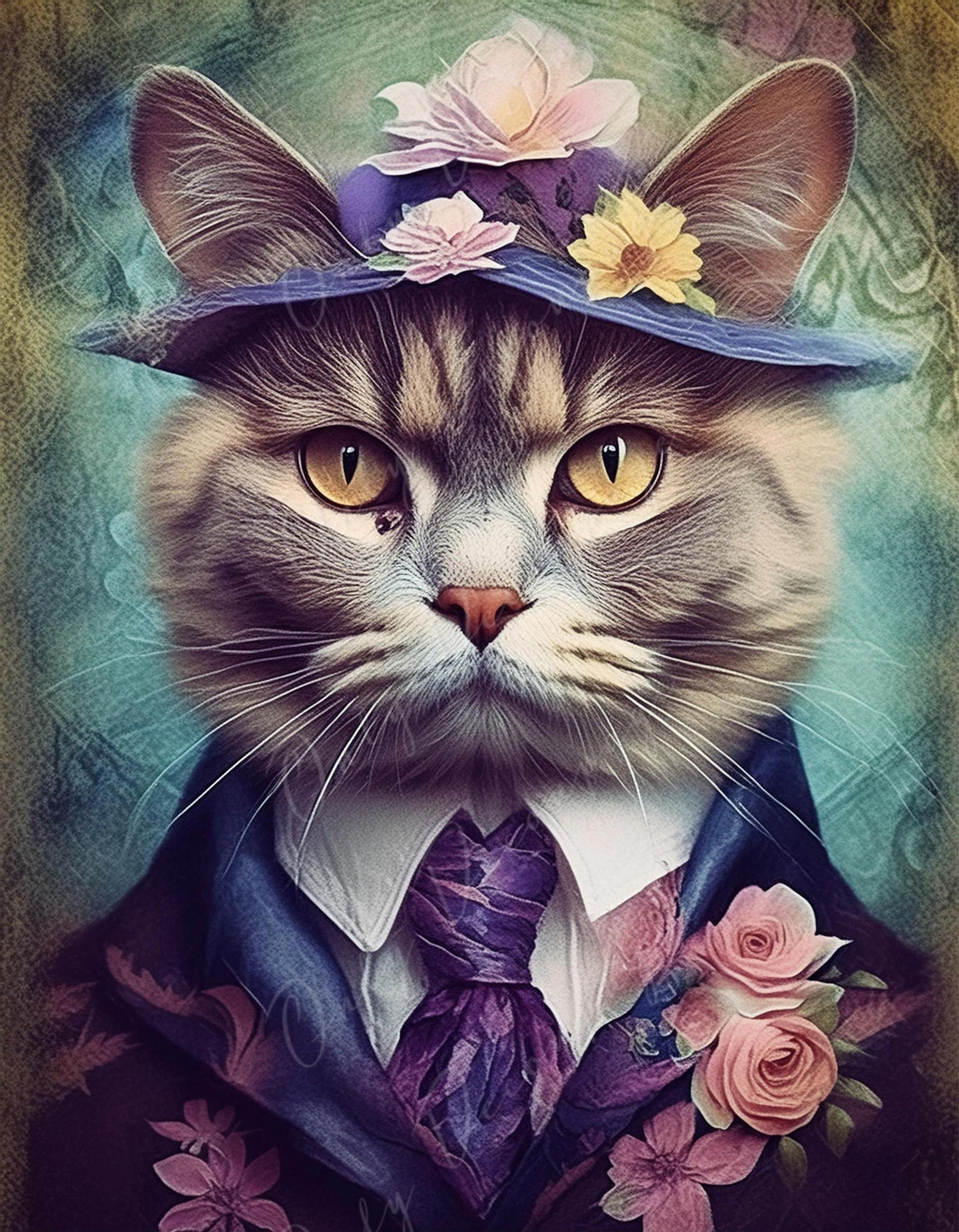 Large Decoupage Paper for Furniture - Cat with Hat - Rice Paper - Decoupage Paper - Floral Portrait