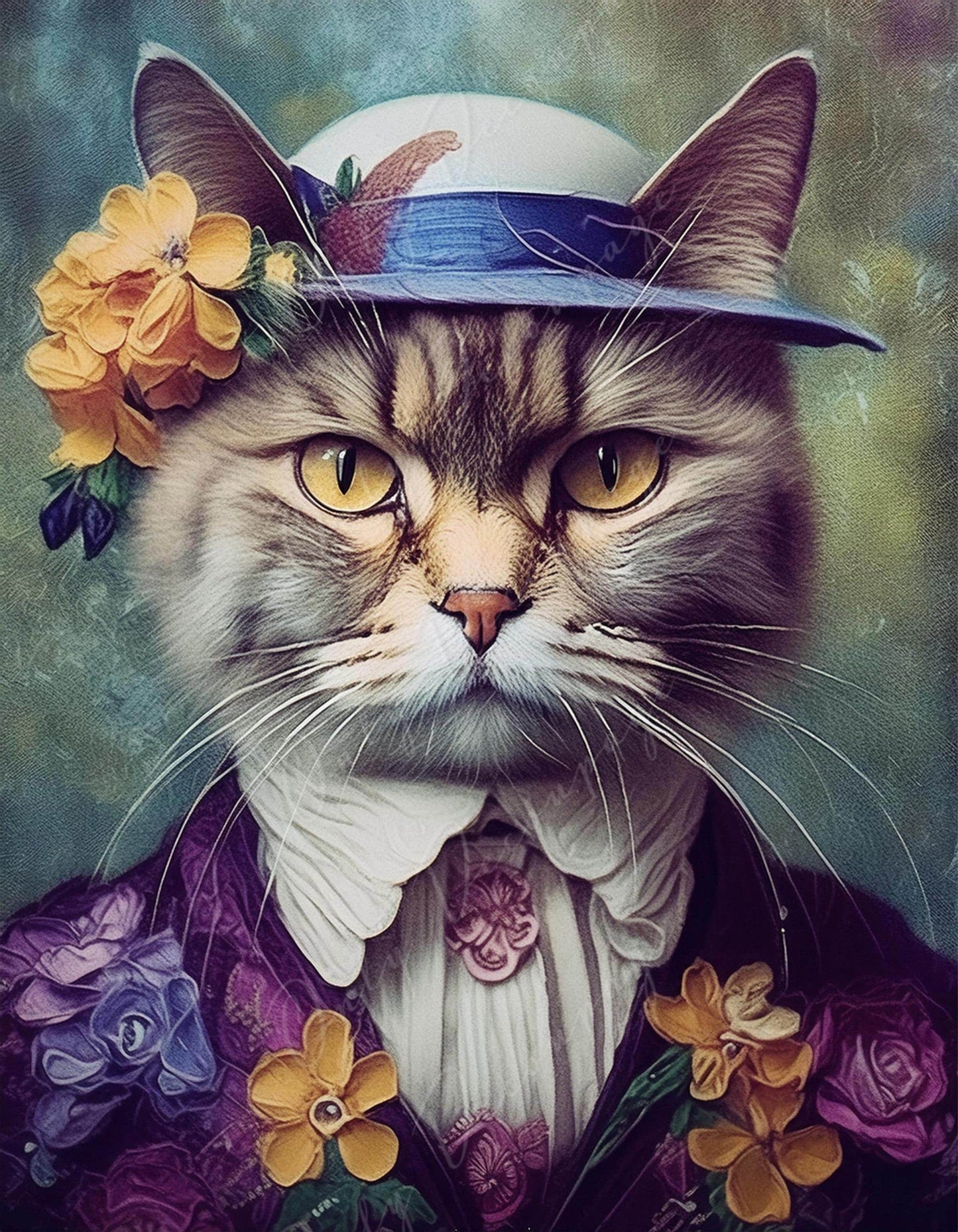Large Decoupage Paper for Furniture - Cat with Hat - Rice Paper - Decoupage Paper - Floral Portrait