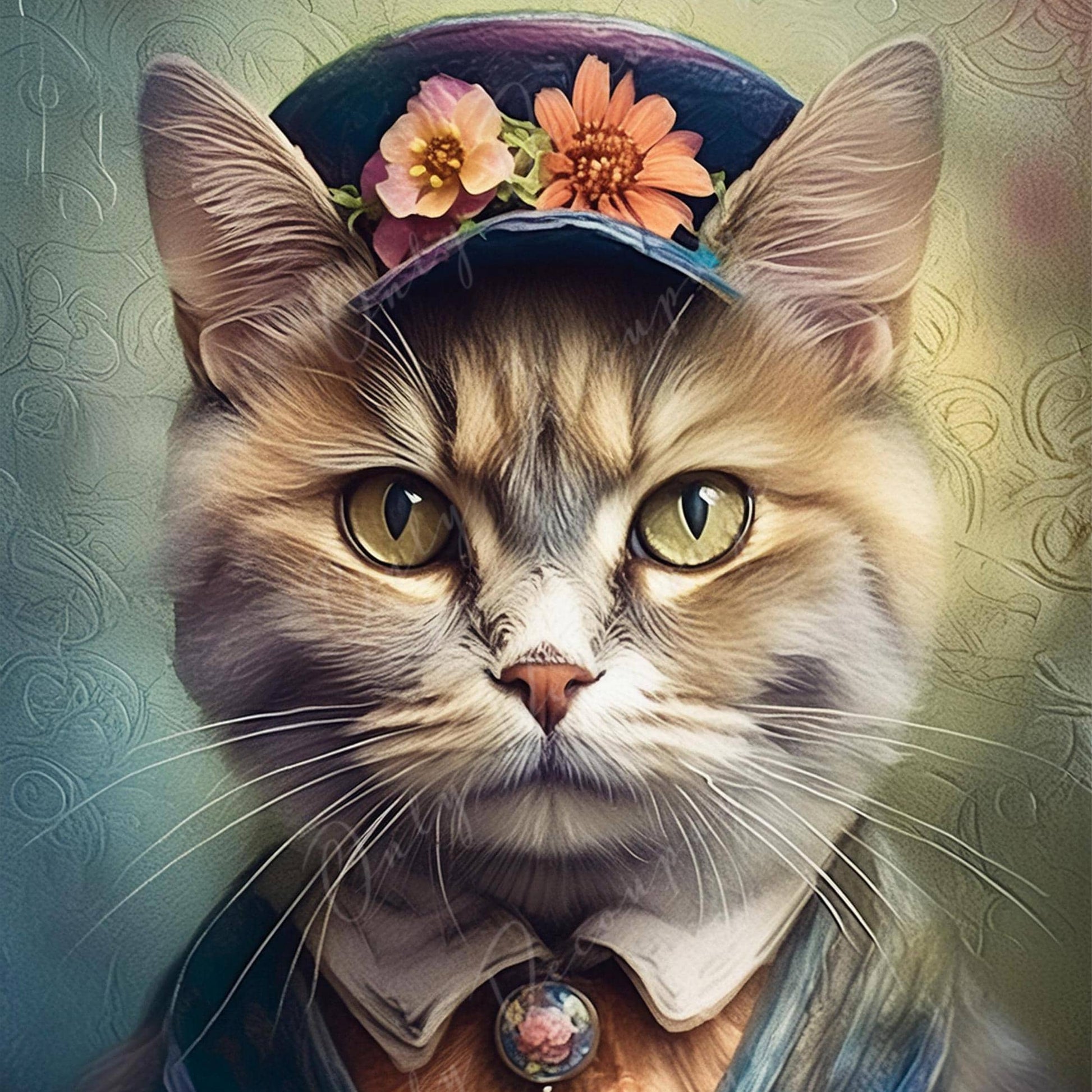 Large Decoupage Paper for Furniture - Cat with Floral Hat - Rice Paper - Decoupage Paper - Animal Portrait - Yellow Eyes