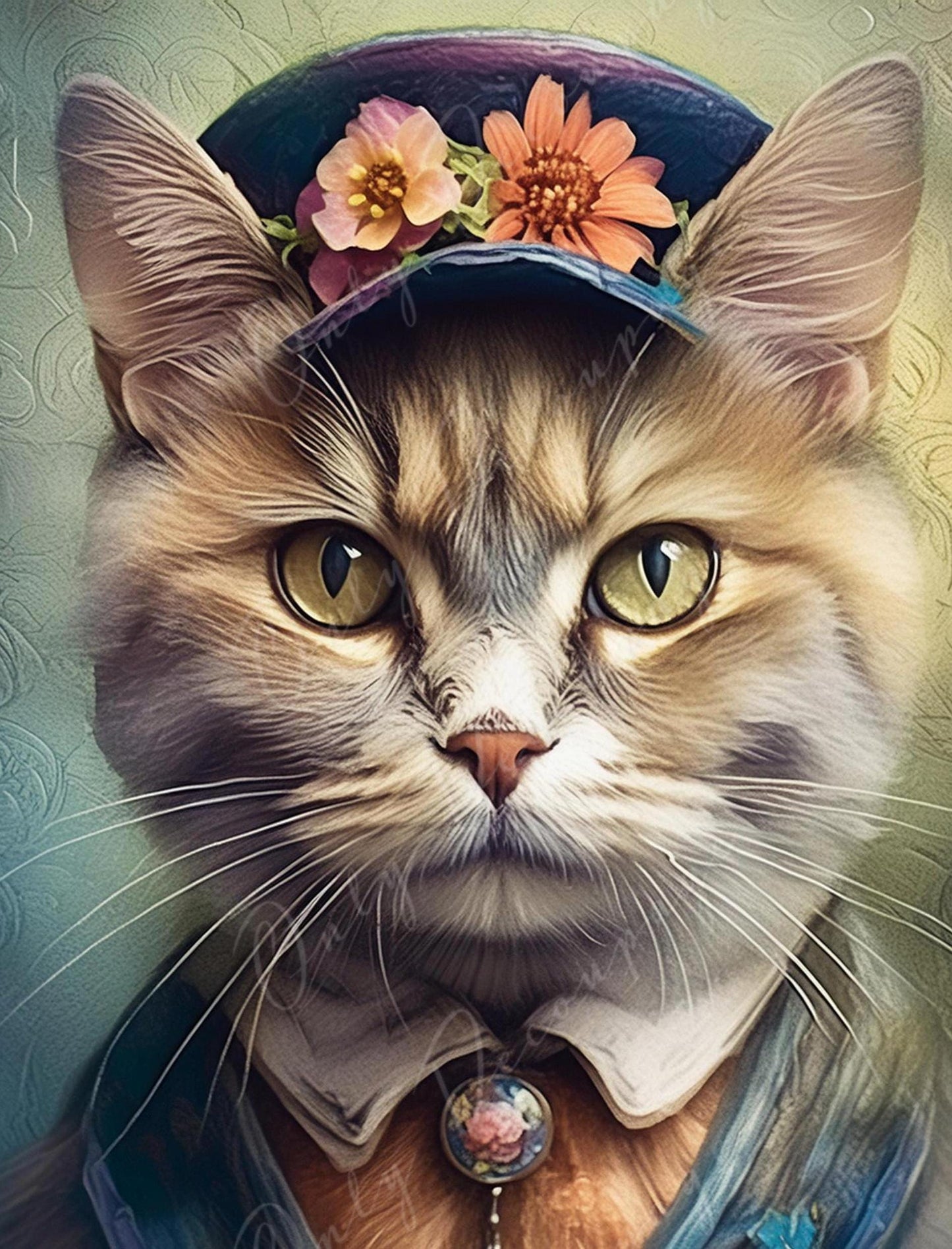 Large Decoupage Paper for Furniture - Cat with Floral Hat - Rice Paper - Decoupage Paper - Animal Portrait - Yellow Eyes