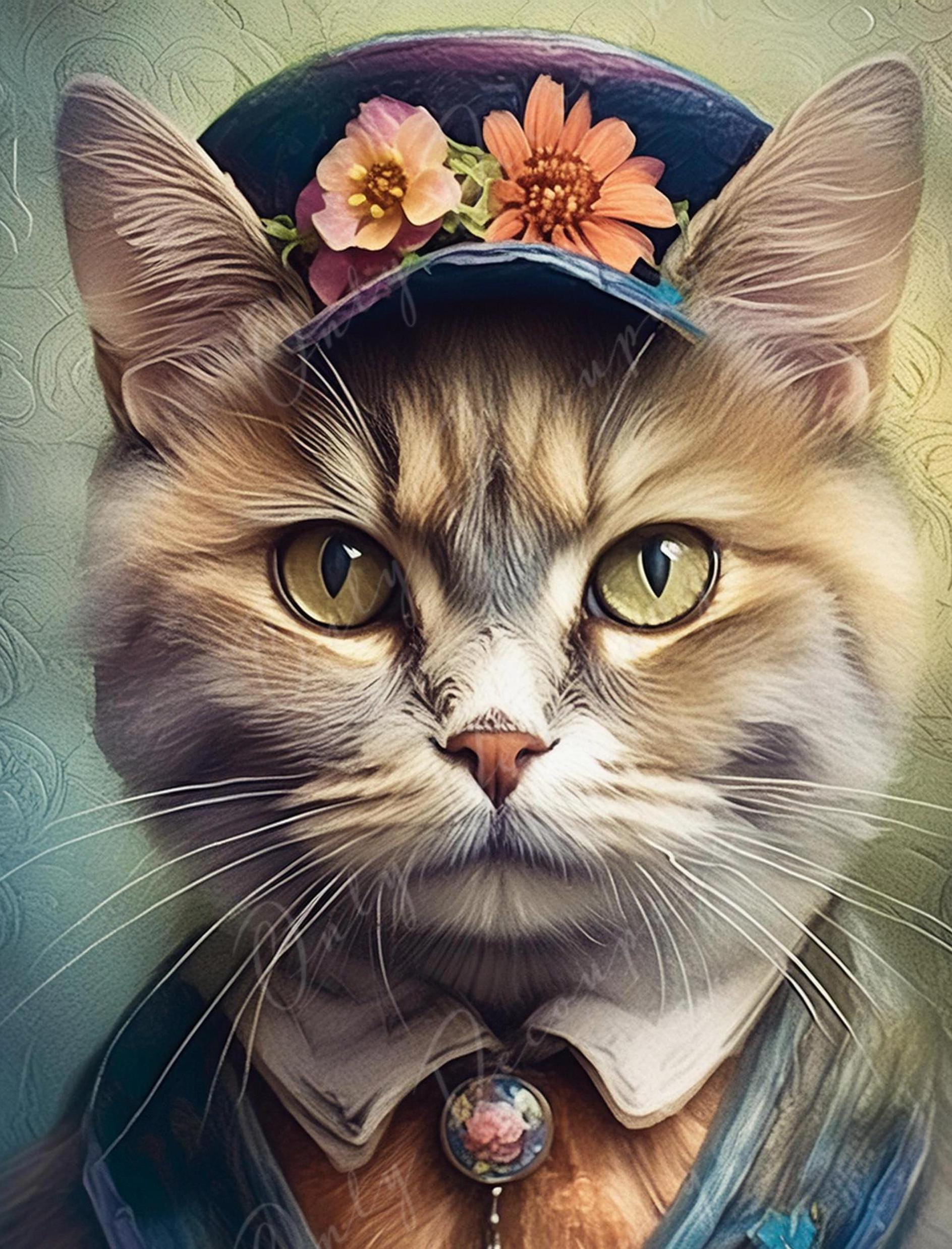 Large Decoupage Paper for Furniture - Cat with Floral Hat - Rice Paper - Decoupage Paper - Animal Portrait - Yellow Eyes