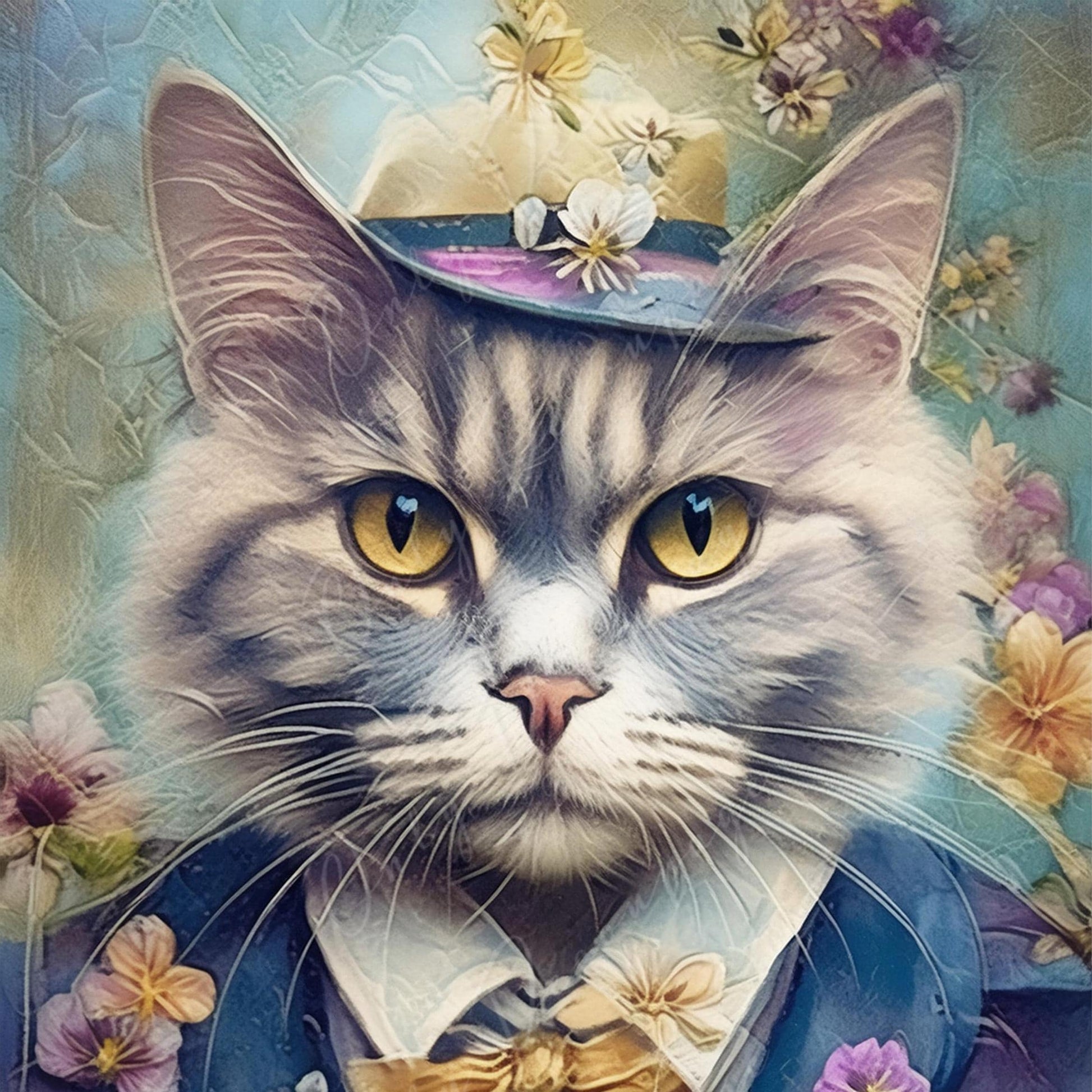 Large Decoupage Paper for Furniture - Cat Portrait - Rice Paper - Decoupage Paper - Tiny Floral Hat