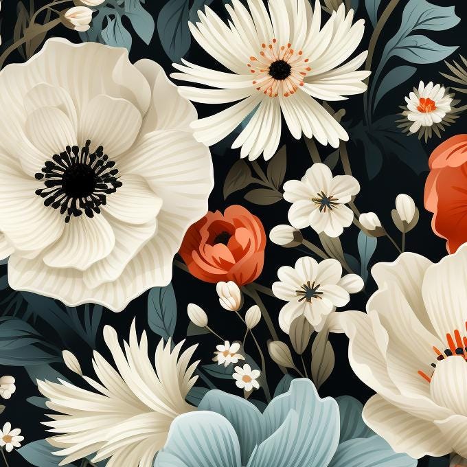 Decoupage Paper - Repeating Pattern - Floral Decorative Paper - 6 Size Options - Black Background - Blue White Flowers