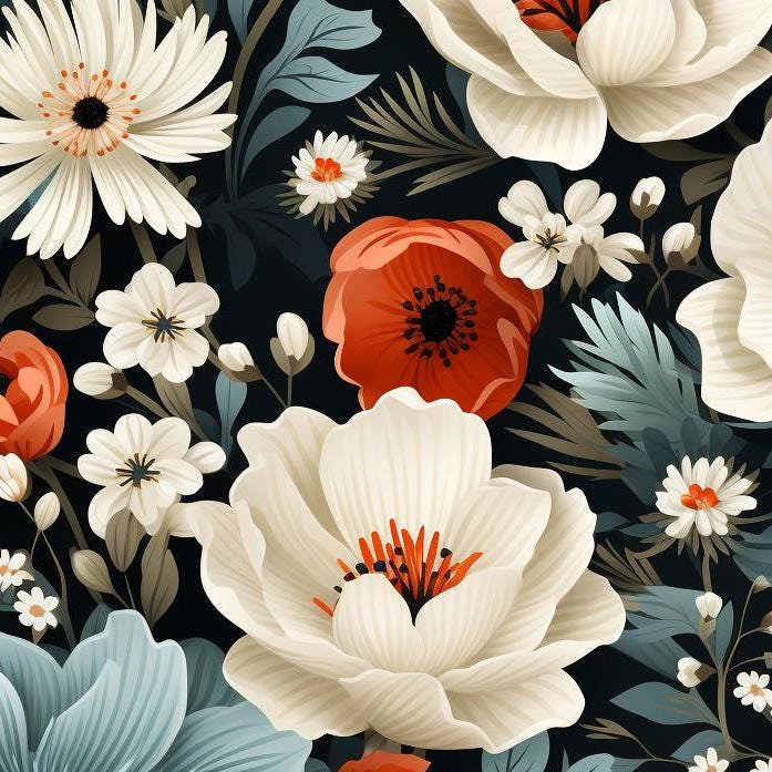 Decoupage Paper - Repeating Pattern - Floral Decorative Paper - 6 Size Options - Black Background - Blue White Flowers