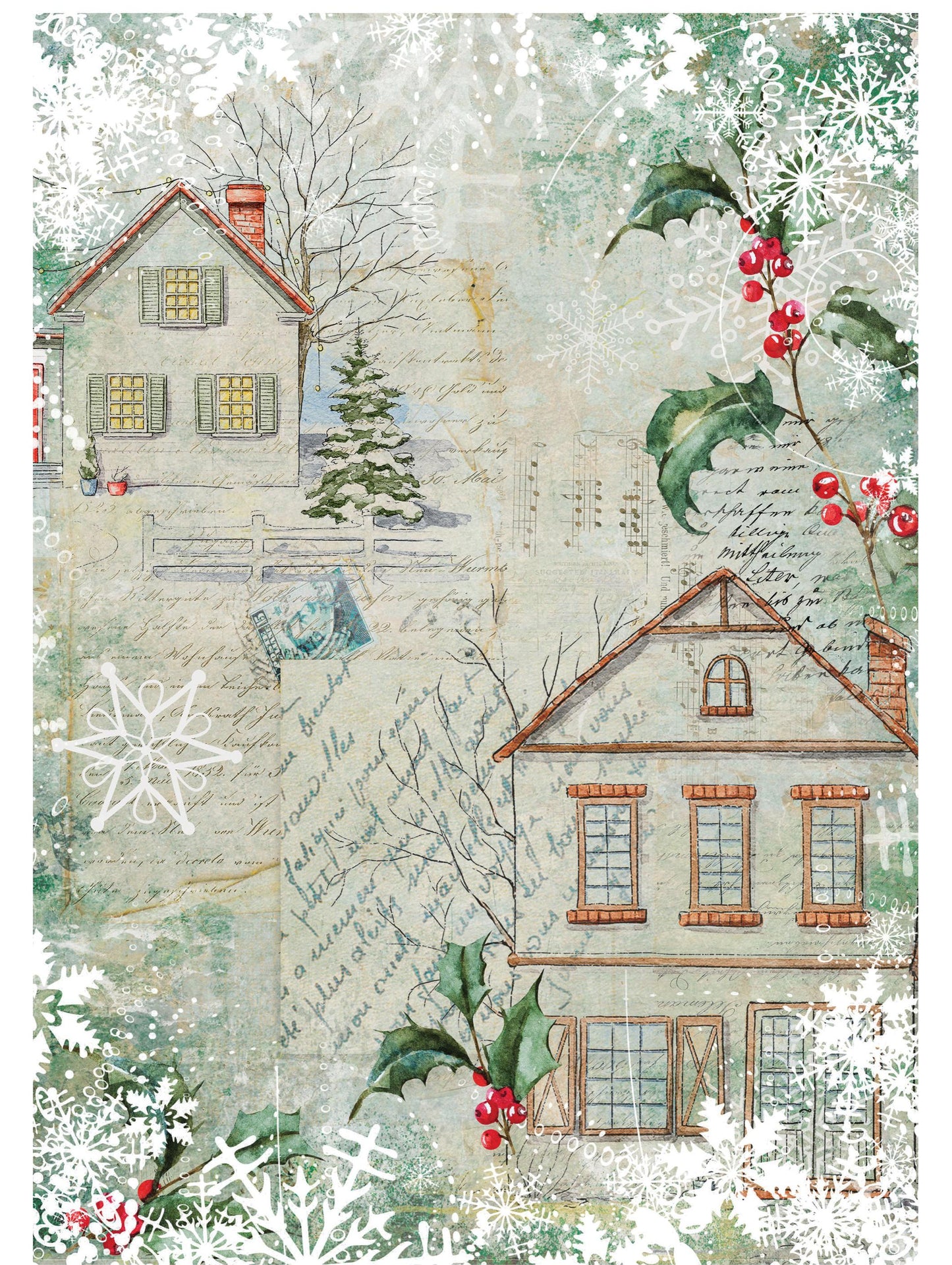 Large Decoupage Paper - Christmas Collection - House Snow - 6 Size Options - Green Holly Bush