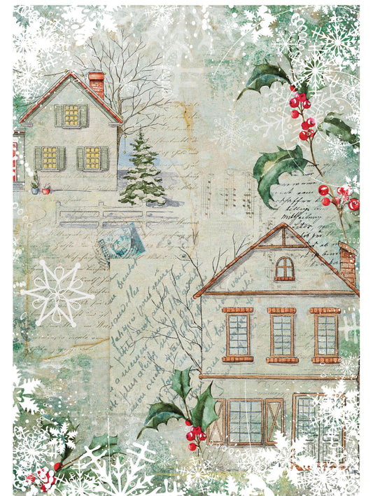 Large Decoupage Paper - Christmas Collection - House Snow - 6 Size Options - Green Holly Bush