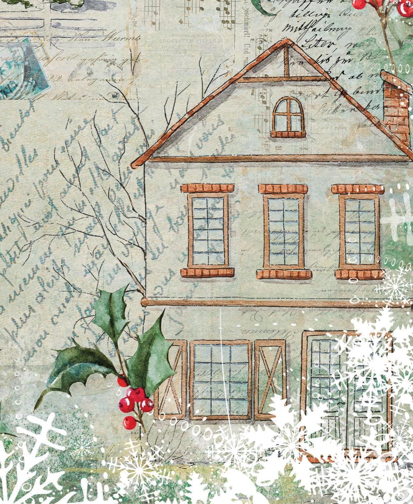 Large Decoupage Paper - Christmas Collection - House Snow - 6 Size Options - Green Holly Bush
