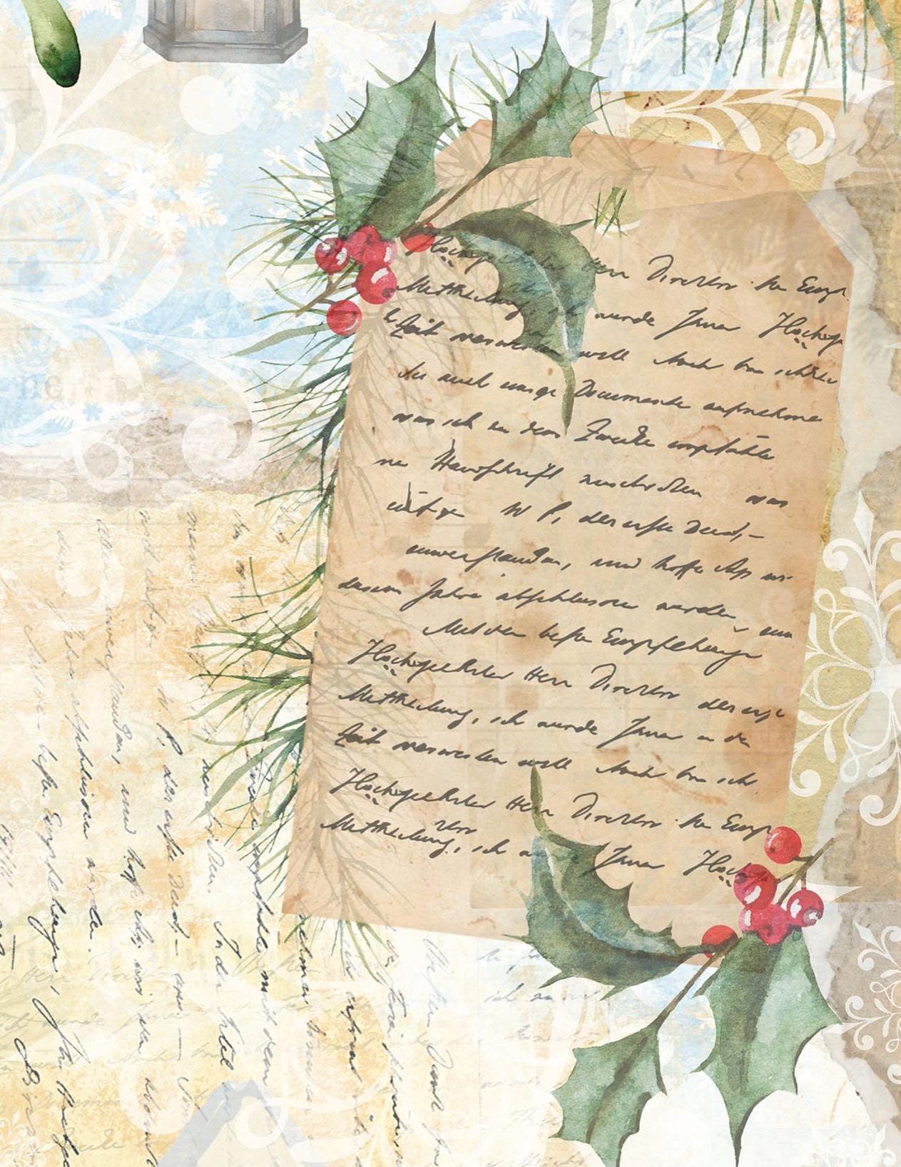 Large Decoupage Paper - Christmas Collection - Handwrite - 6 Size Options - Green Holly Bush