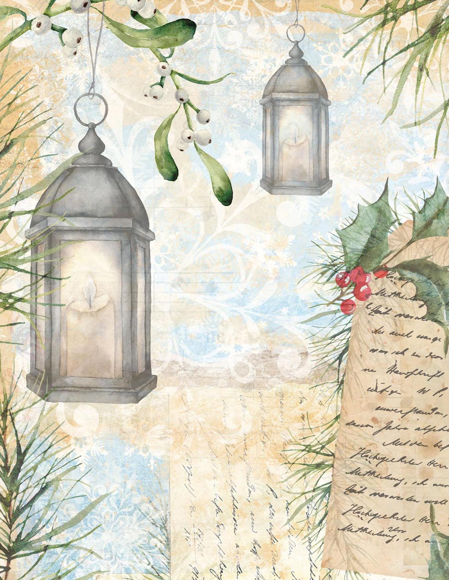 Large Decoupage Paper - Christmas Collection - Handwrite - 6 Size Options - Green Holly Bush