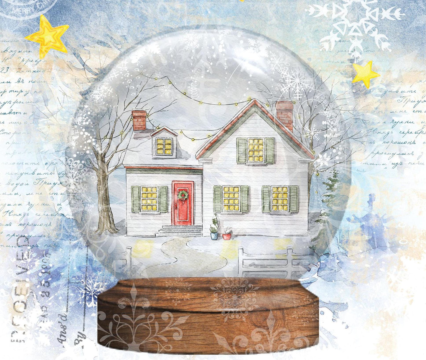 Large Decoupage Paper - Christmas Collection - Merry Christmas - 6 Size Options - Yellow Stars - Snow Globe