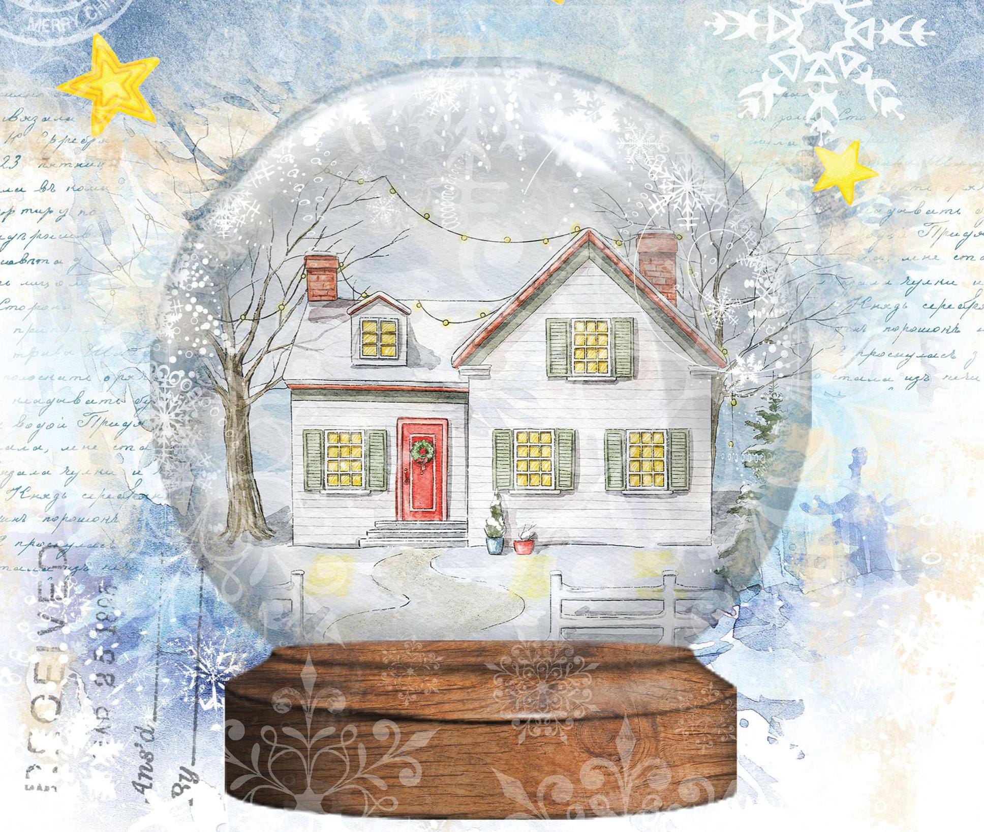 Large Decoupage Paper - Christmas Collection - Merry Christmas - 6 Size Options - Yellow Stars - Snow Globe