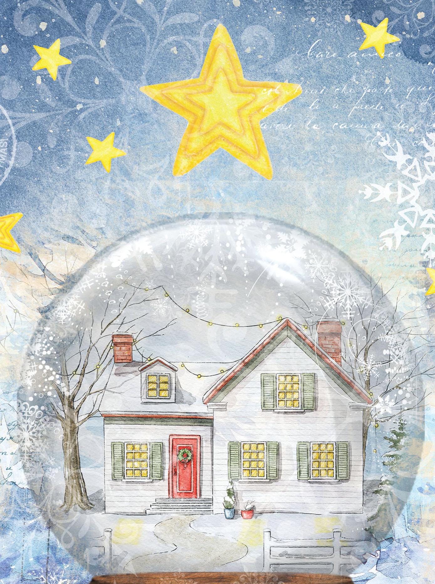Large Decoupage Paper - Christmas Collection - Merry Christmas - 6 Size Options - Yellow Stars - Snow Globe