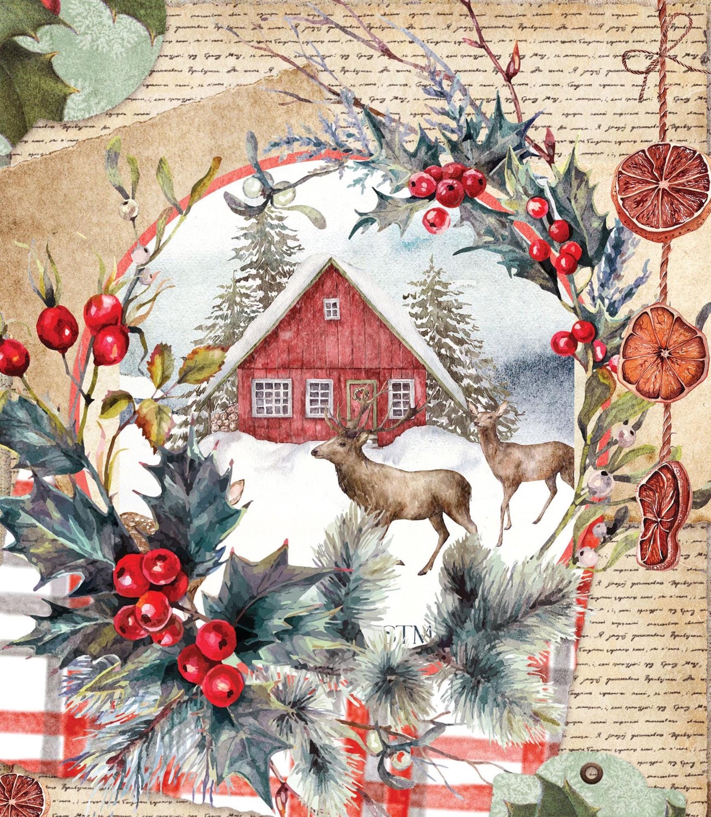 Large Decoupage Paper - Christmas Collection - Pine Branches - 6 Size Options - Red Holly Berries - Deers