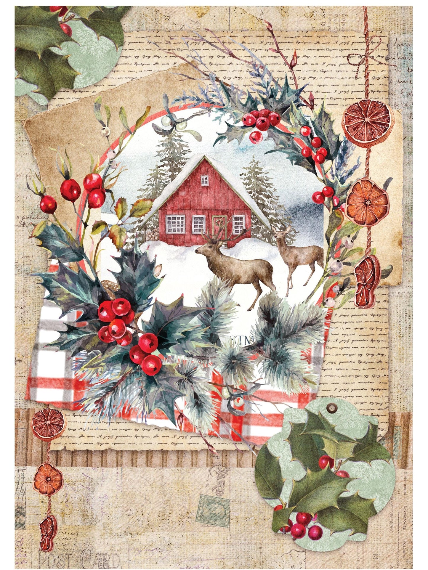 Large Decoupage Paper - Christmas Collection - Pine Branches - 6 Size Options - Red Holly Berries - Deers