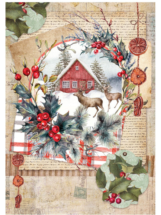 Large Decoupage Paper - Christmas Collection - Pine Branches - 6 Size Options - Red Holly Berries - Deers