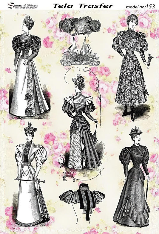 Vintage Ladies Pattern - Decorative Decoupage Paper - for Furniture - Large Size Options [ Black Pink ]