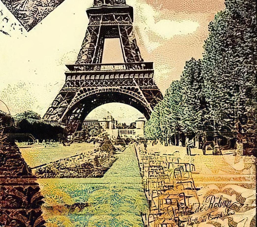Postcard From Paris - Decorative Decoupage Paper - for Furniture - 1 A3 Sheet [ Beige Green Brown ]