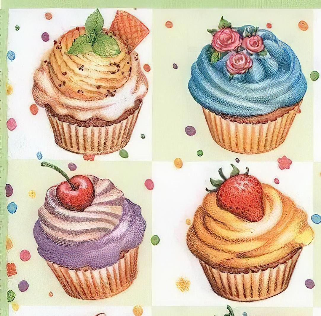 Cupcakes - Decorative Decoupage Paper - for Furniture - Large Size Options - Kitchen [ Colorful ]