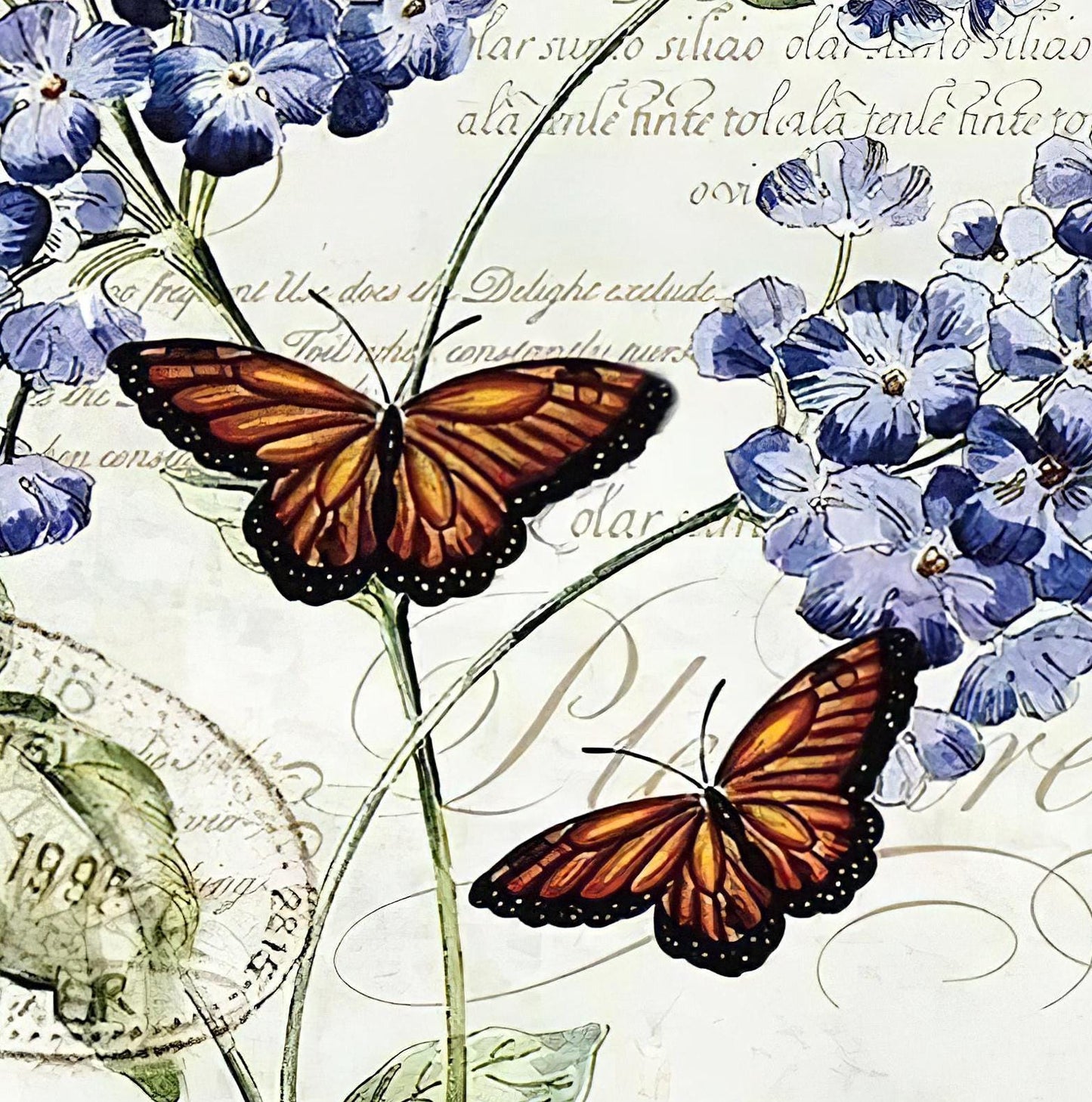 Butterfly and Flower - Decorative Decoupage Paper - for Furniture - Large Size Options [ Blue White Brown ]