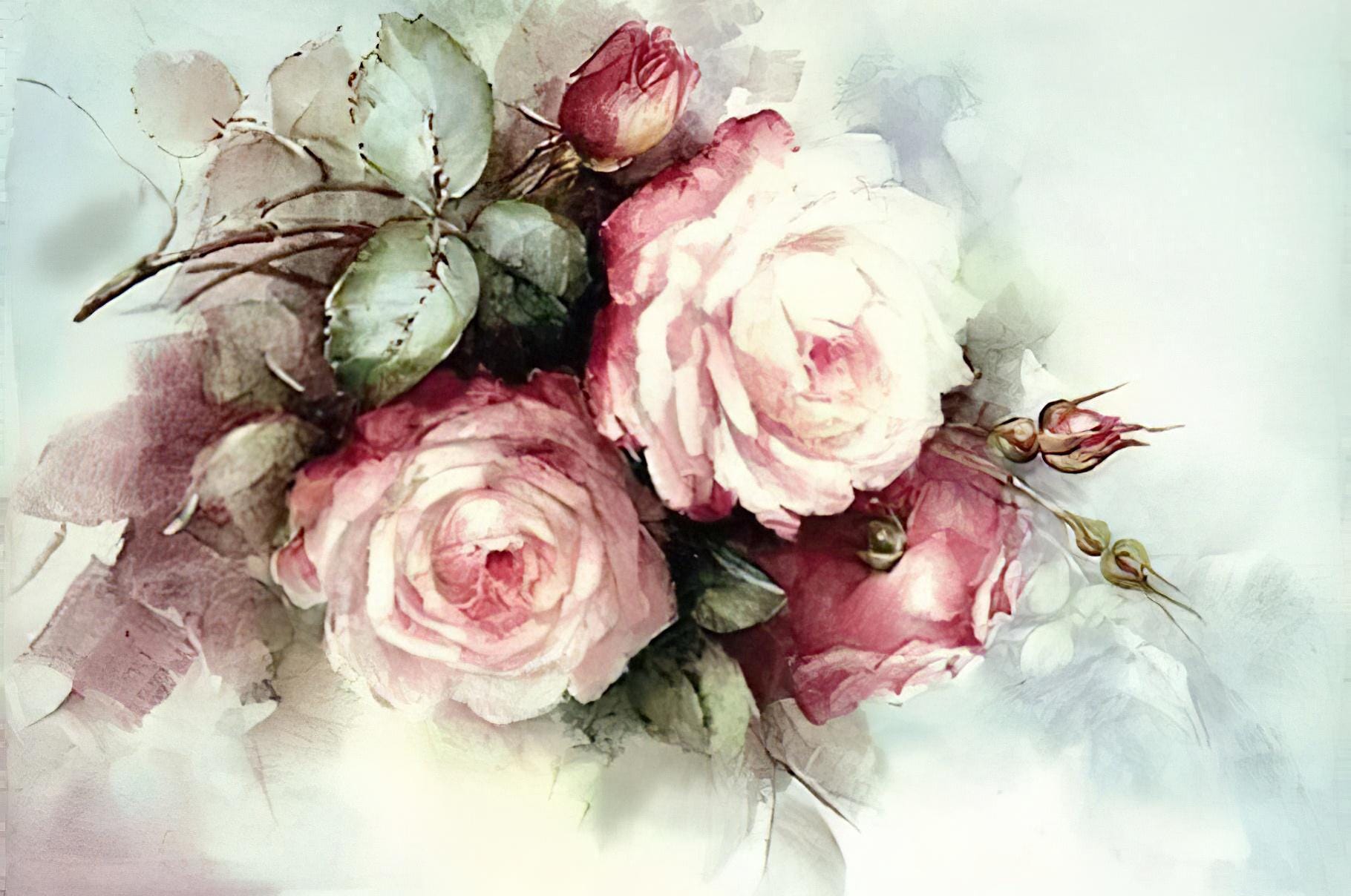 Roses Pattern - Decorative Decoupage Paper - for Furniture - Big Size Options [ White Pink Green Blue ]