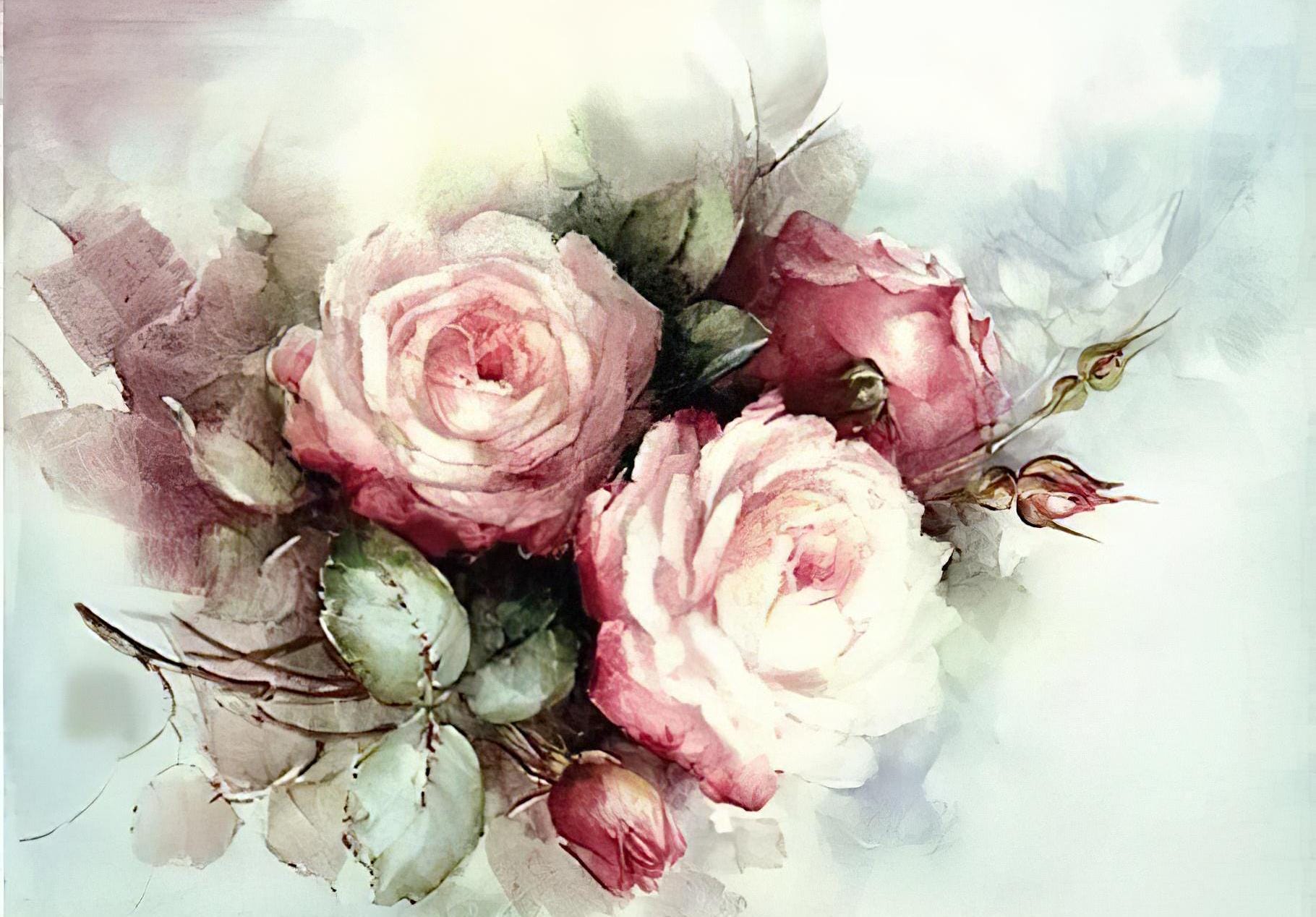 Roses Pattern - Decorative Decoupage Paper - for Furniture - Big Size Options [ White Pink Green Blue ]