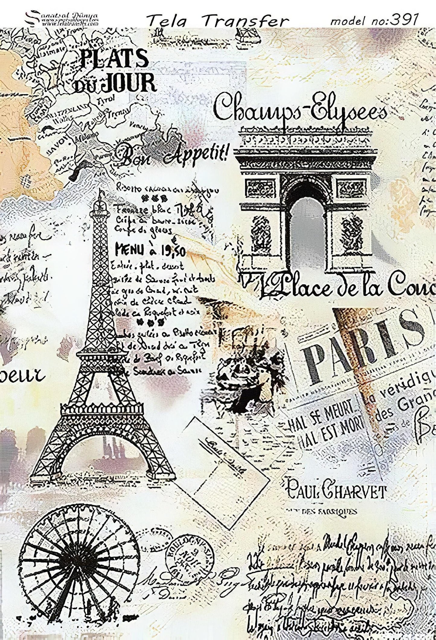 Paris France Eiffel Tower - Decorative Decoupage Paper - for Furniture - Big Size Options [ Black White Beige ]