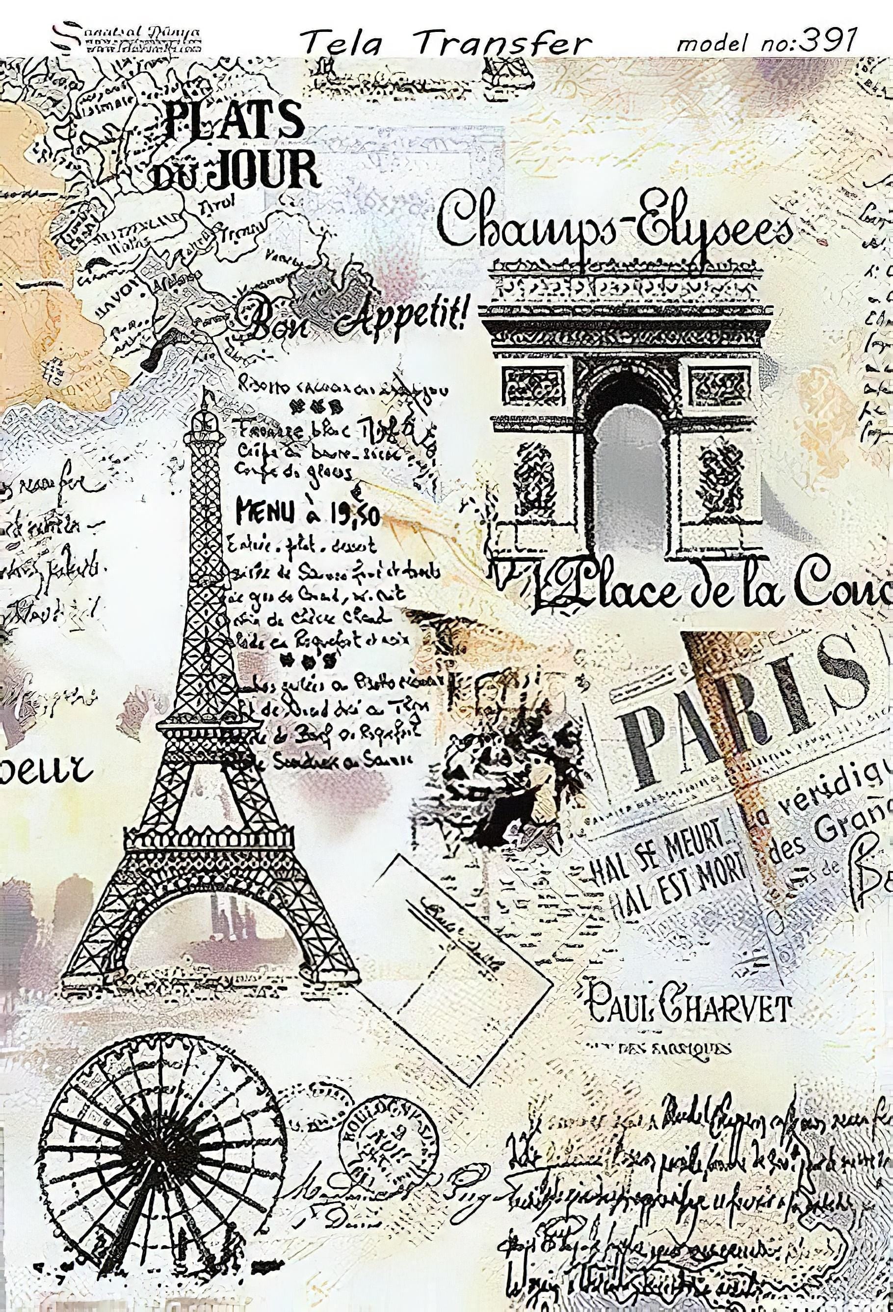 Paris France Eiffel Tower - Decorative Decoupage Paper - for Furniture - Big Size Options [ Black White Beige ]