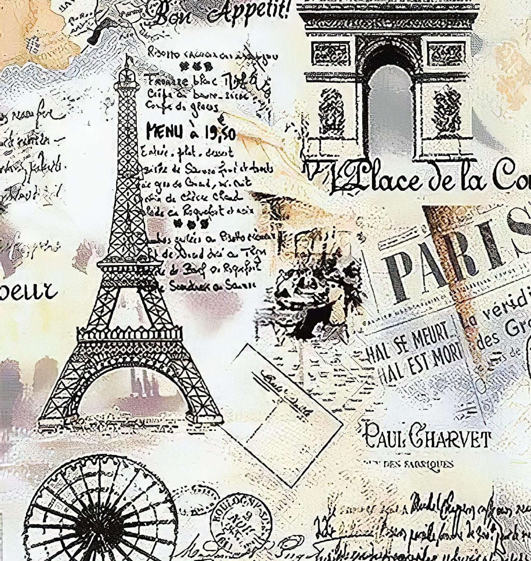 Paris France Eiffel Tower - Decorative Decoupage Paper - for Furniture - Big Size Options [ Black White Beige ]
