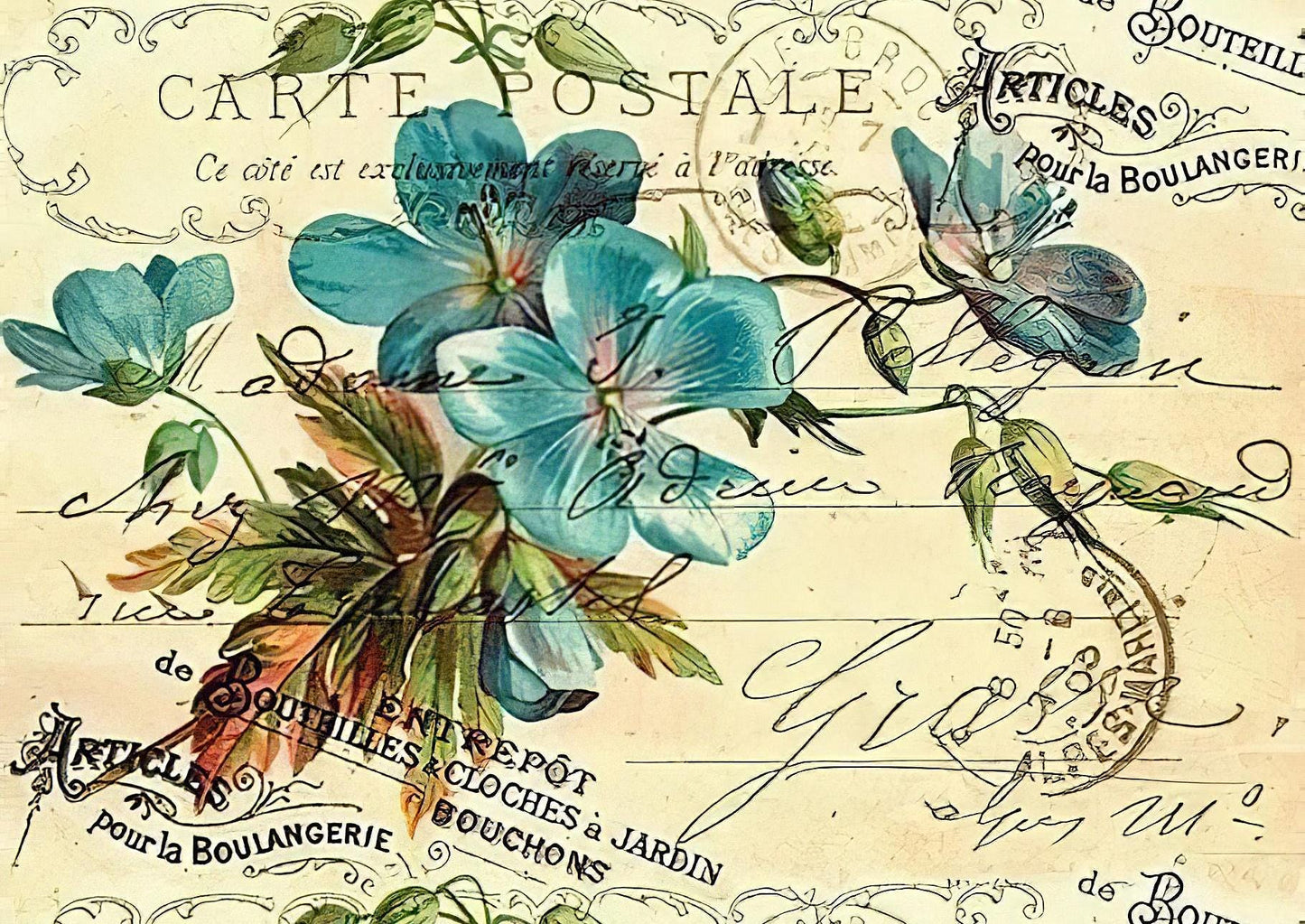 Floral Postcard - Decorative Decoupage Paper - for Furniture - Large Size Options [ Blue White Green ]