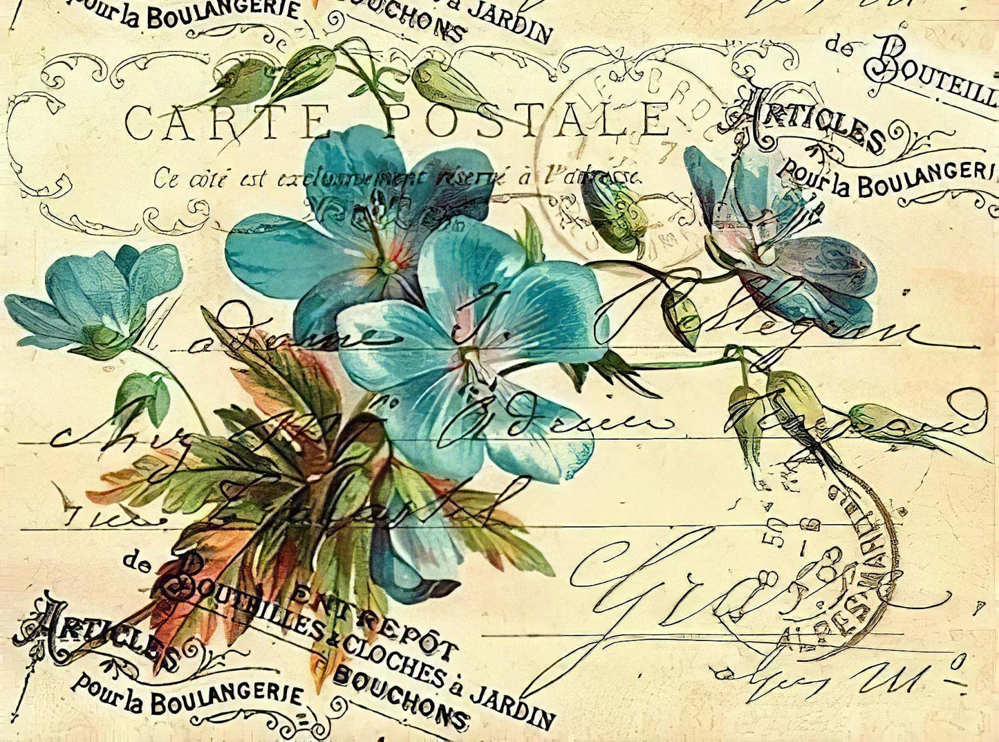 Floral Postcard - Decorative Decoupage Paper - for Furniture - Large Size Options [ Blue White Green ]