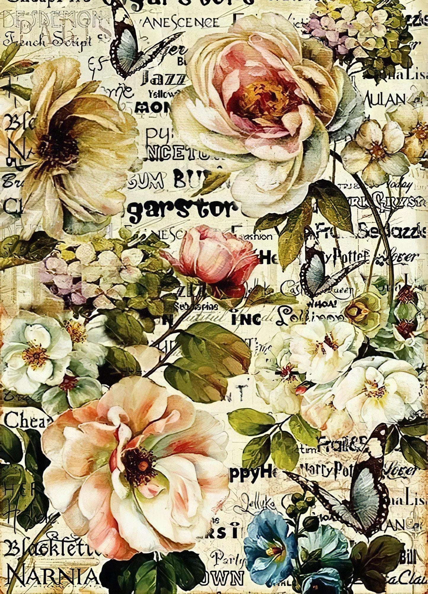 Floral Pattern - Decorative Decoupage Paper - for Furniture - Large Size Options [ Light Pink Green White ]