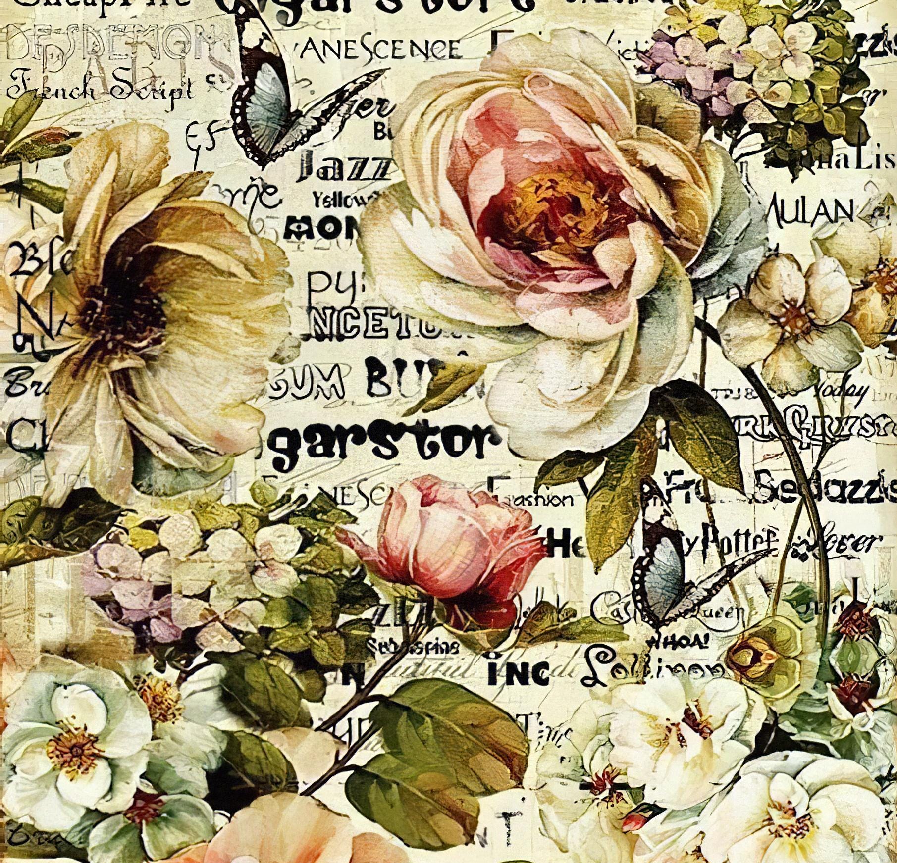 Floral Pattern - Decorative Decoupage Paper - for Furniture - Large Size Options [ Light Pink Green White ]
