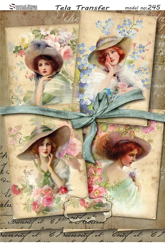 Vintage Ladies - Decorative Decoupage Paper - for Furniture - Big Size Options [ Pink Green Blue ]