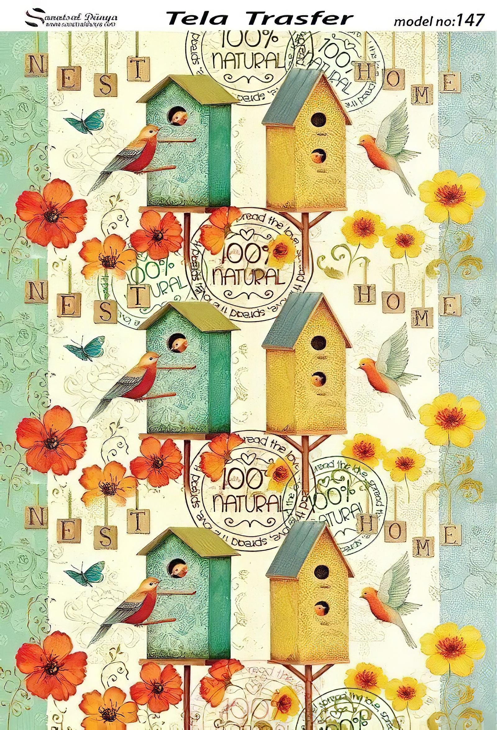 Birdnest Pattern - Decorative Decoupage Paper - for Furniture - 1 A3 Sheet [ Red Green Yellow ]