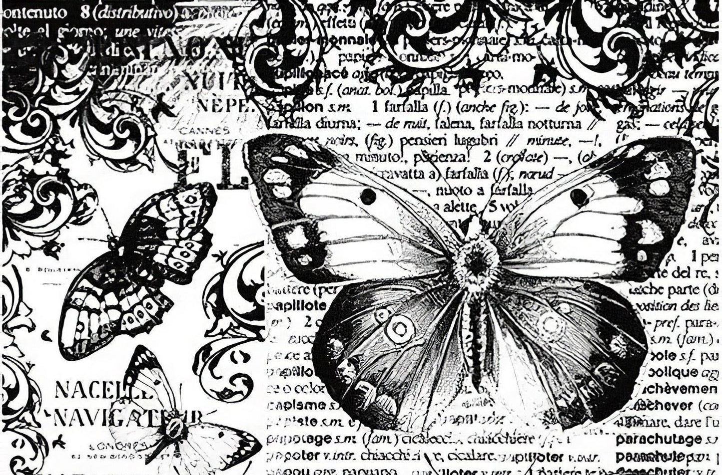 Butterfly - Decorative Decoupage Paper - for Furniture - Large Size Options [ Black White ]