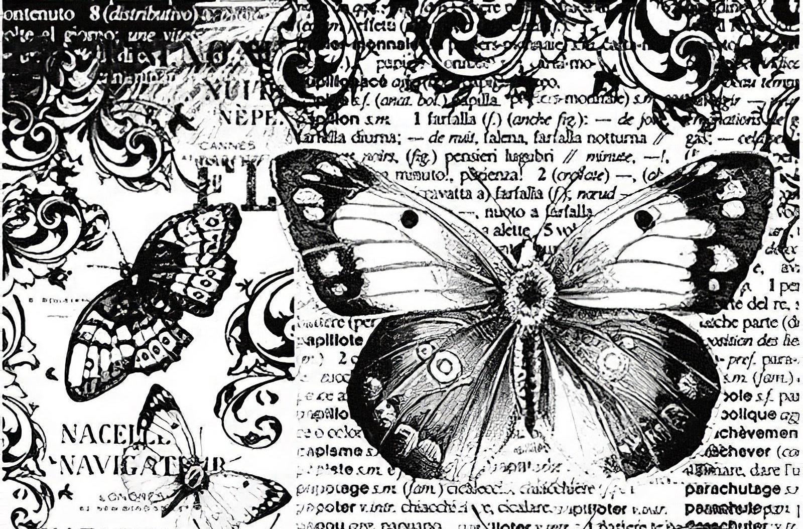 Butterfly - Decorative Decoupage Paper - for Furniture - Large Size Options [ Black White ]