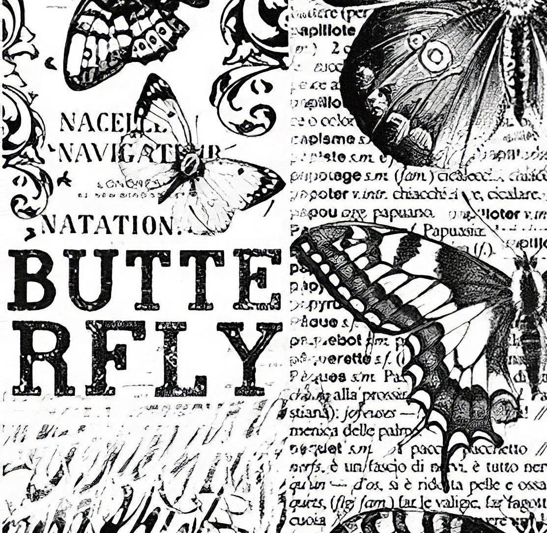 Butterfly - Decorative Decoupage Paper - for Furniture - Large Size Options [ Black White ]