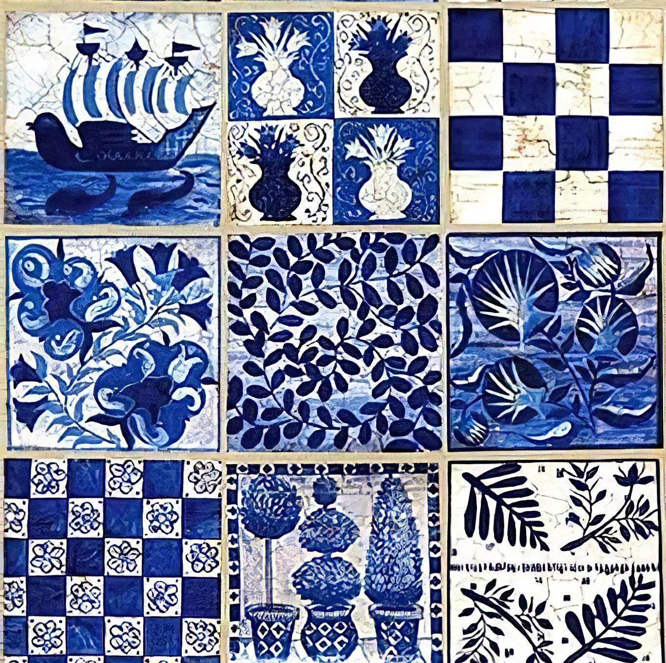 Marine Tile Pattern - Decorative Decoupage Paper - for Furniture - Large Size Options [ Blue White Navy ]