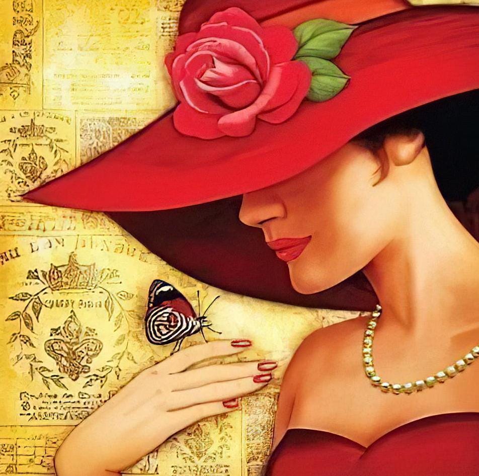 Women with Hat - Decorative Decoupage Paper - for Furniture - Big Size Options [ Red Black Yellow ]