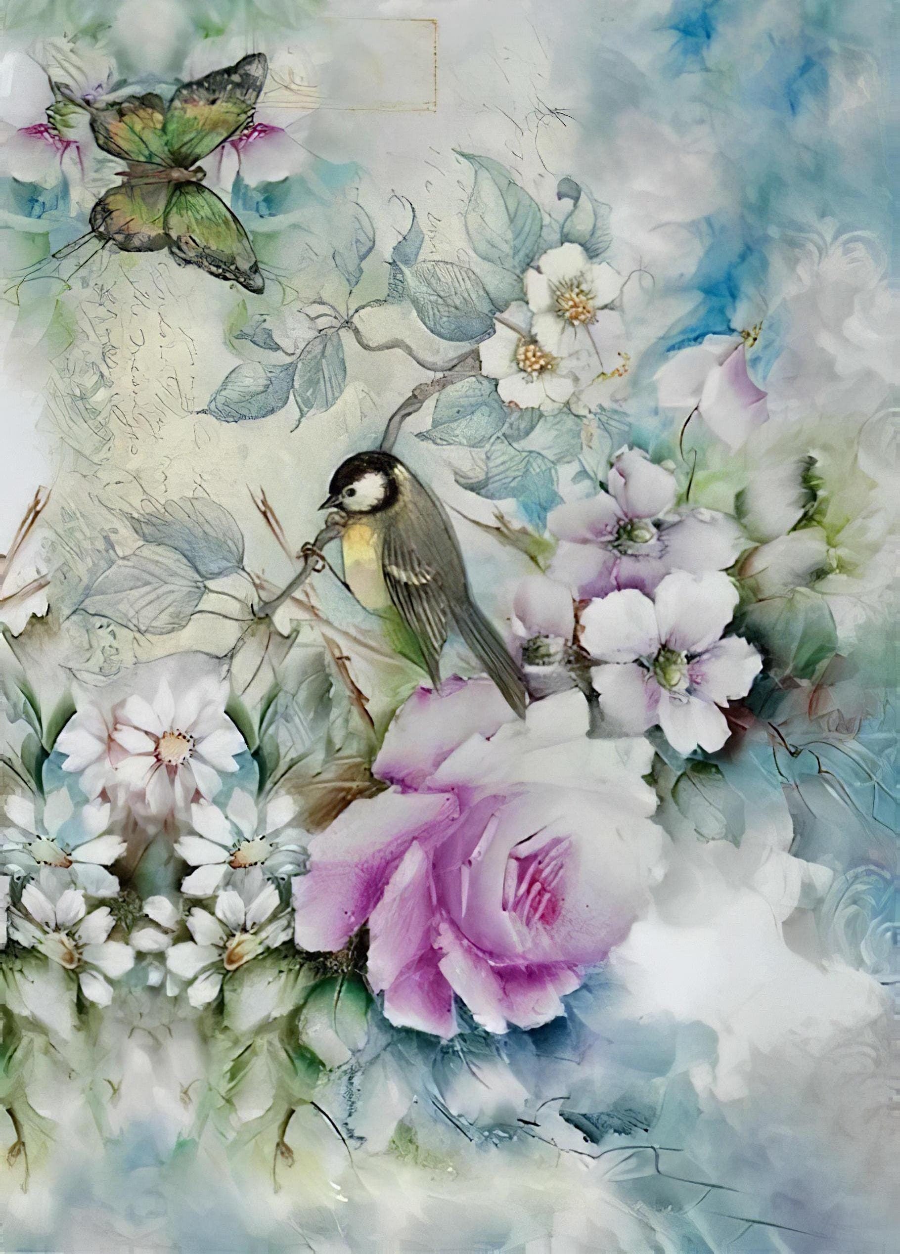 Floral Bird Pattern - Decorative Decoupage Paper - for Furniture - Big Size Options [ Blue Pink White Green ]