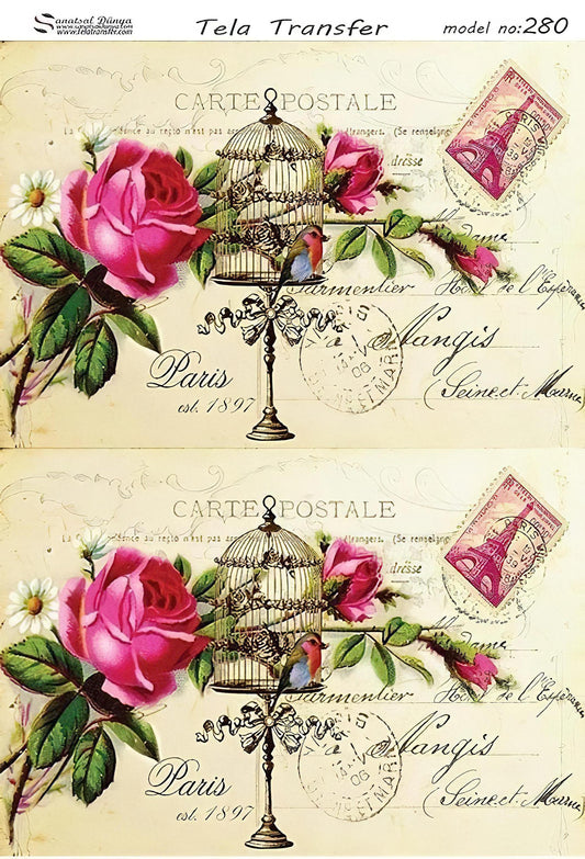 Floral Bird Cage Vintage - Decorative Decoupage Paper - for Furniture - Big Size Options [ Pink Green Beige ]