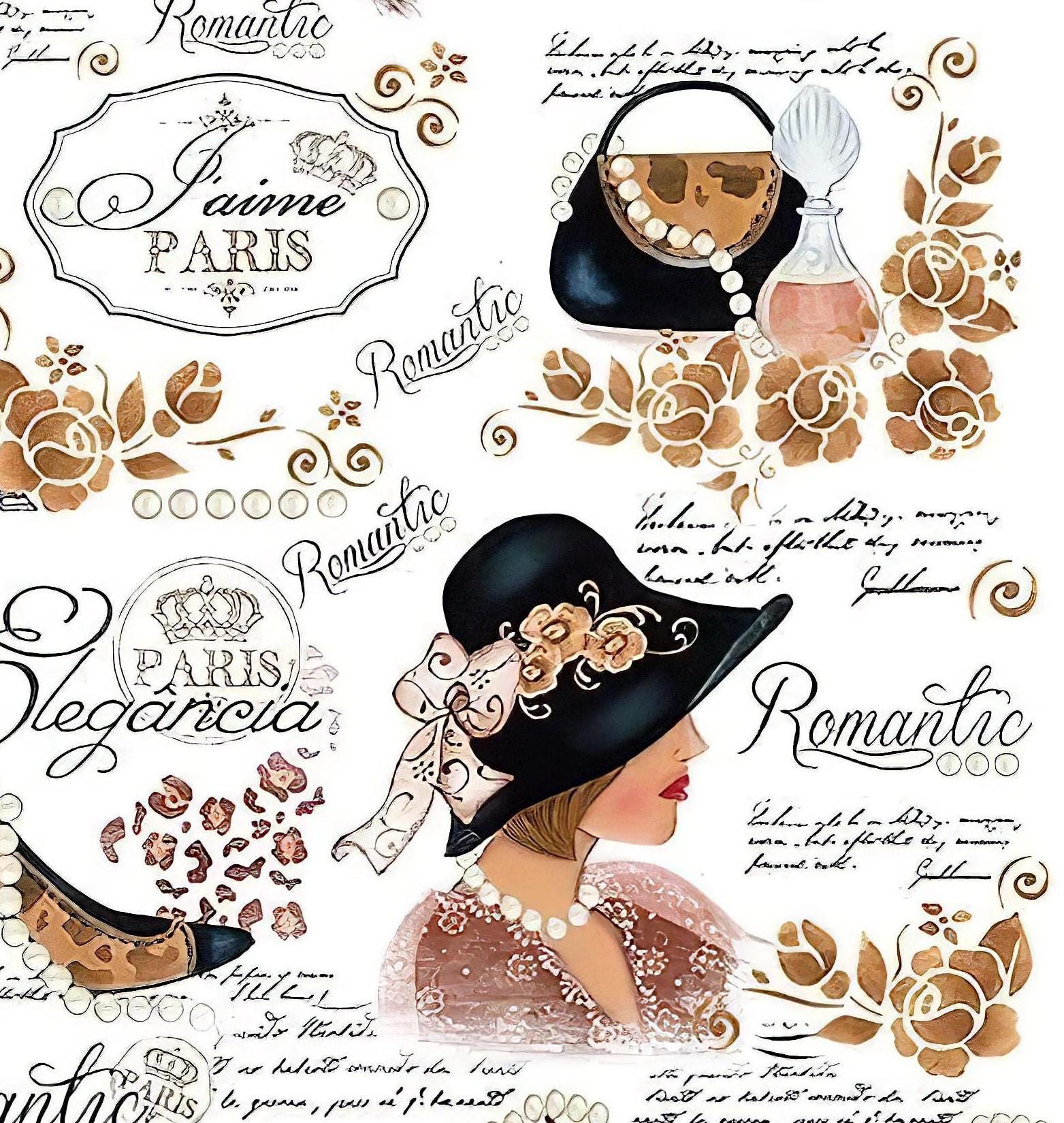 Paris Fashion Lady - Romantic - Eiffel - Decorative Decoupage Paper - for Furniture - Large Size Options [ Brown White Black ]