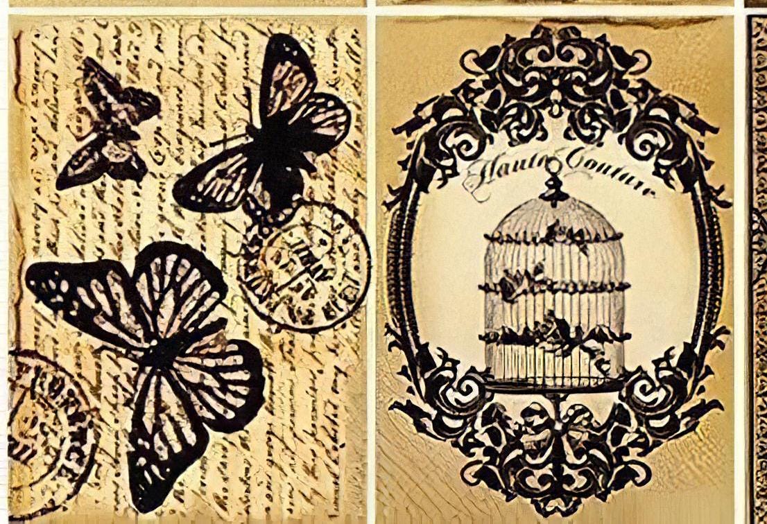 Vintage Collage Bird Butterfly - Decorative Decoupage Paper - for Furniture - Big Size Options [ Yellow Brown Black ]