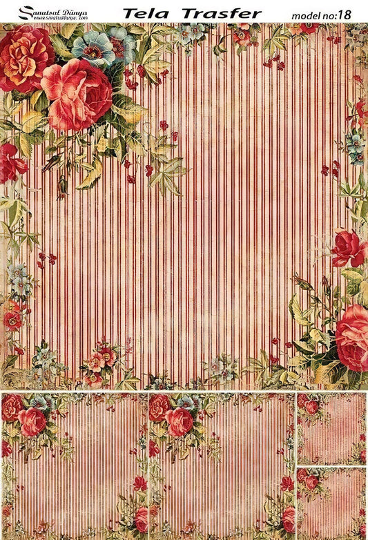 Vintage Rose - Flowers - Decorative Decoupage Paper - for Furniture - Big Size Options [ Red Pink Green ]