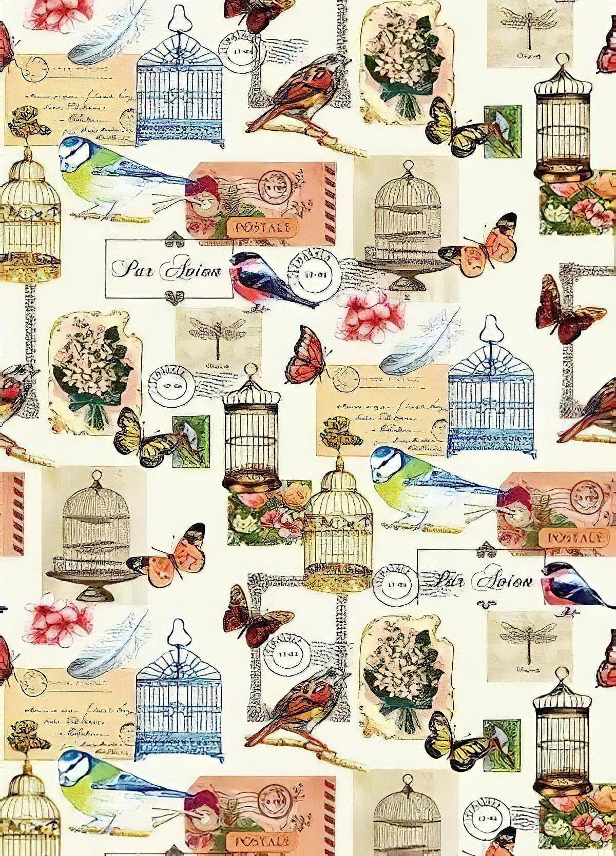 Birds Collage - Decorative Decoupage Paper - for Furniture - Big Size Options [ Colorful ]