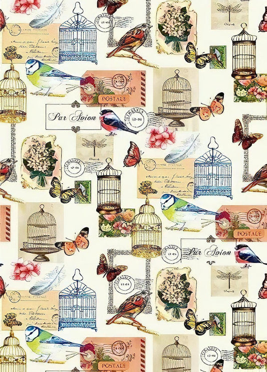 Birds Collage - Decorative Decoupage Paper - for Furniture - Big Size Options [ Colorful ]